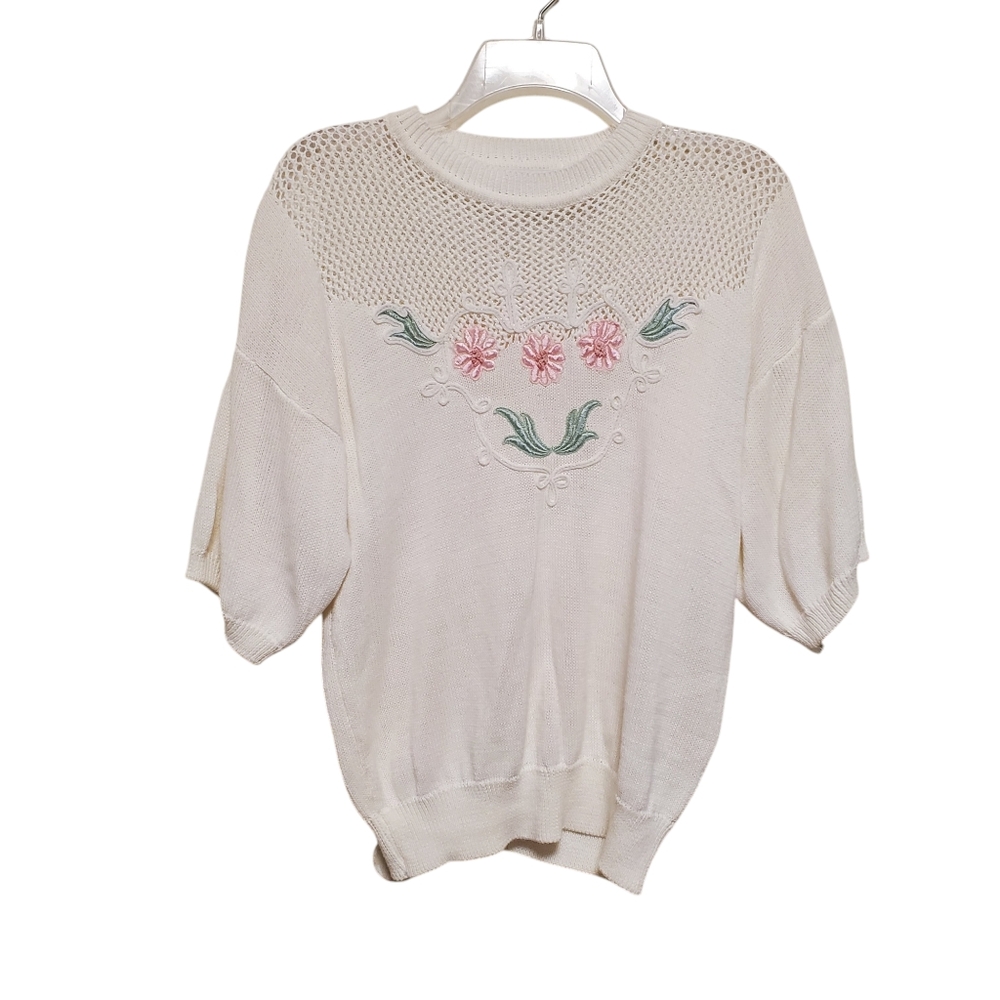 Vintage 80’s Crochet Knit Coastal Grandma Drop Sholder Sweater Embroidery